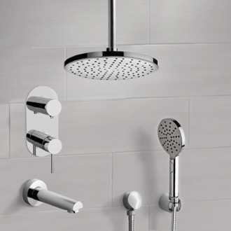 Tub and Shower Faucet Chrome Tub and Shower System With Rain Ceiling Shower Head and Hand Shower Remer TSH65